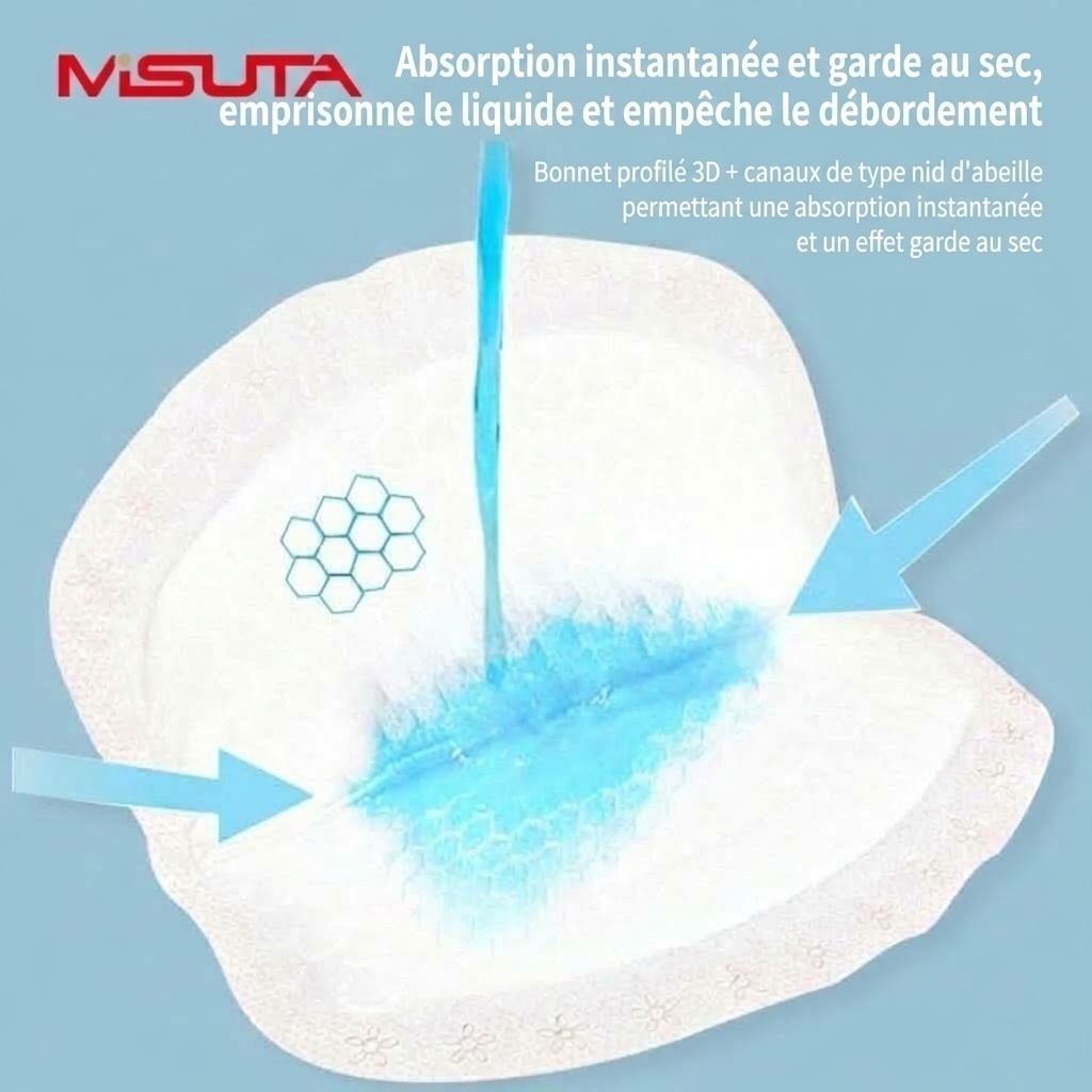 Coussinets d'allaitement jetables ultra-fins MISUTA, paquet de 100, respirants et dotés d'un noyau absorbant alvéolé anti-fuites.
