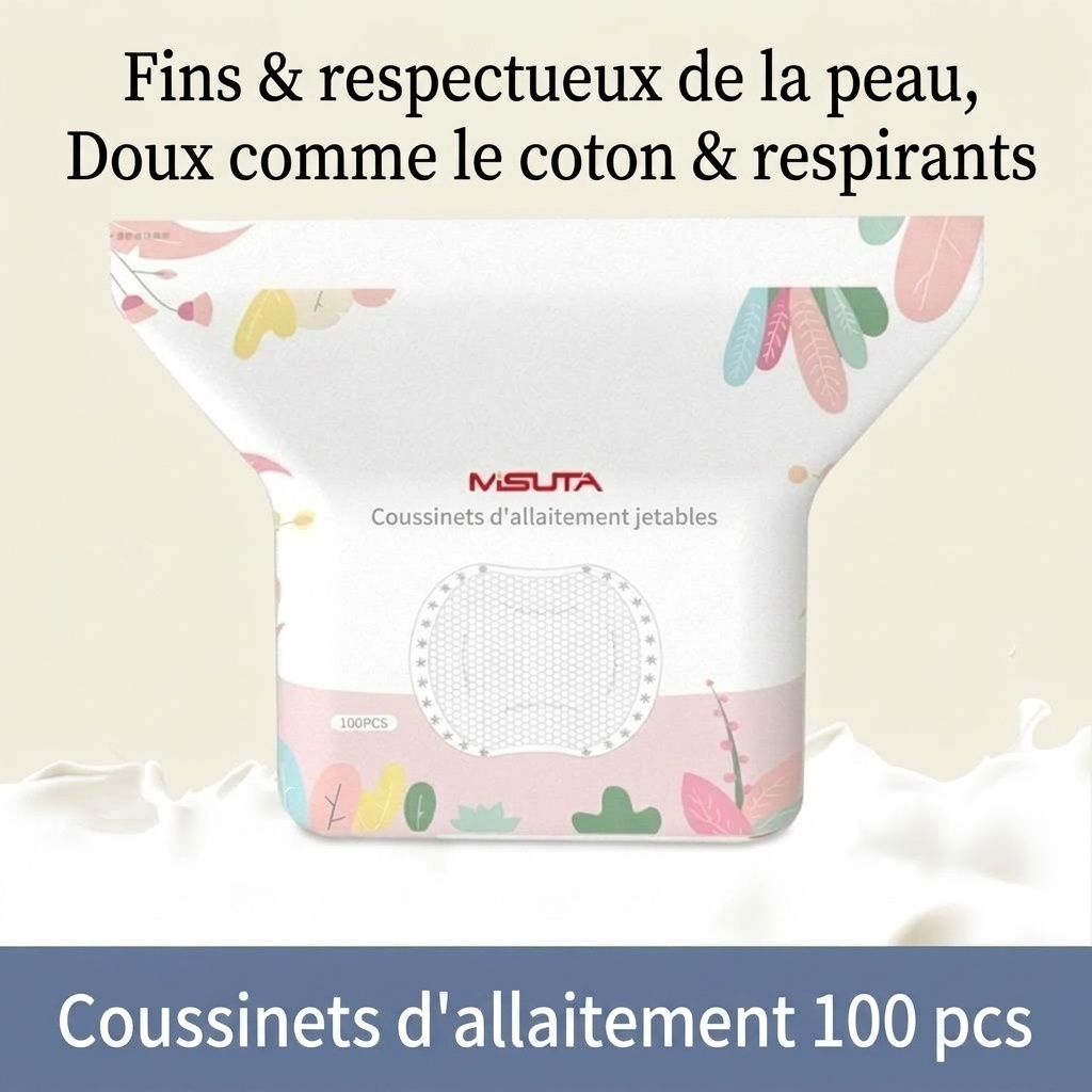 Coussinets d'allaitement jetables ultra-fins MISUTA, paquet de 100, respirants et dotés d'un noyau absorbant alvéolé anti-fuites.