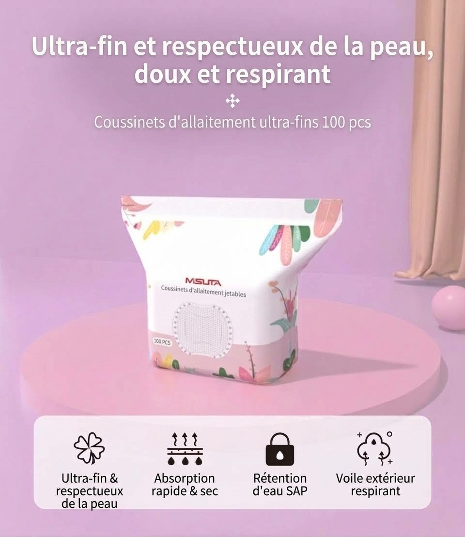 Coussinets d'allaitement jetables ultra-fins MISUTA, paquet de 100, respirants et dotés d'un noyau absorbant alvéolé anti-fuites.