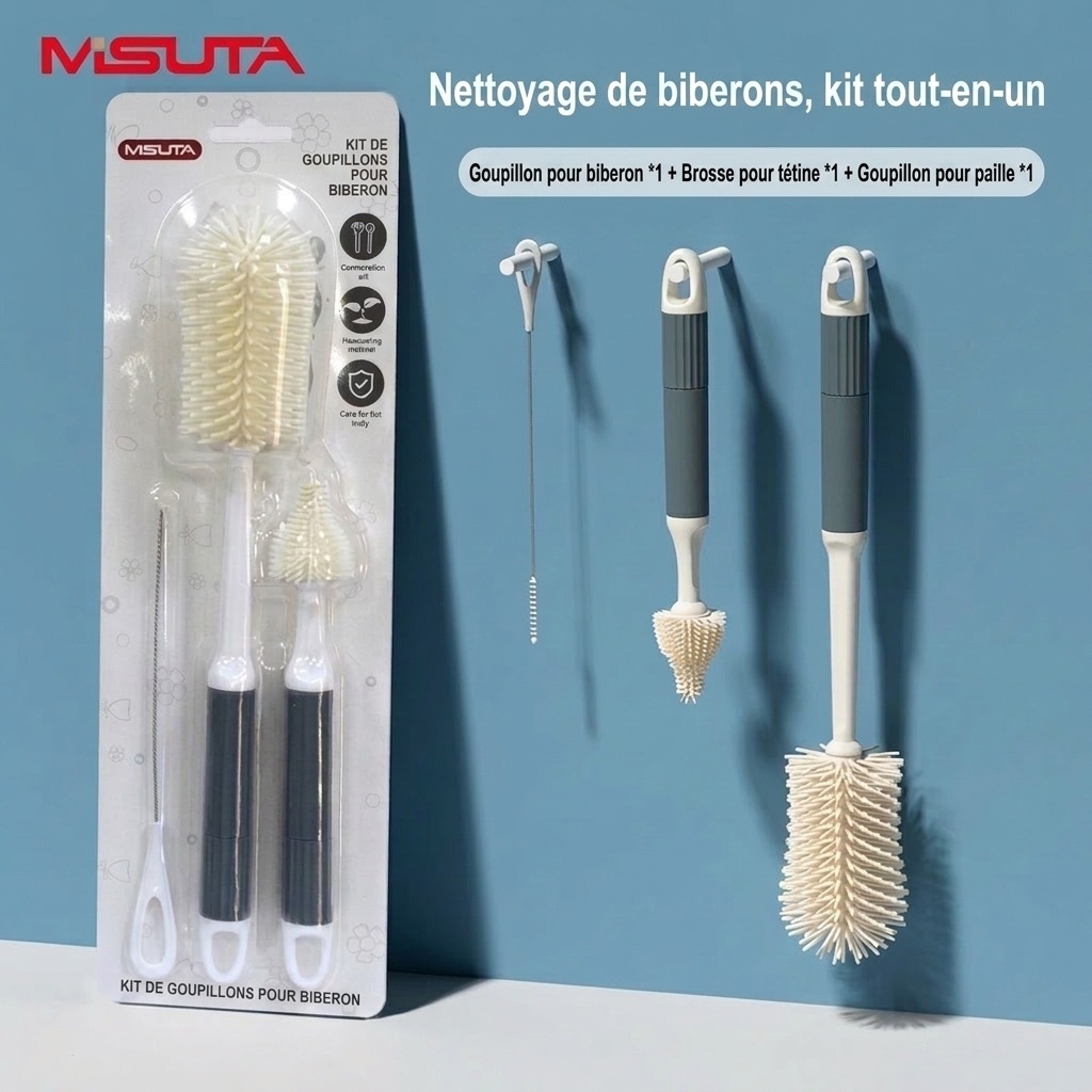 Ensemble de 3 goupillons en silicone MISUTA pour biberons, nettoyant anti-rayures avec goupillon pour tétine et goupillon pour paille, manche long
