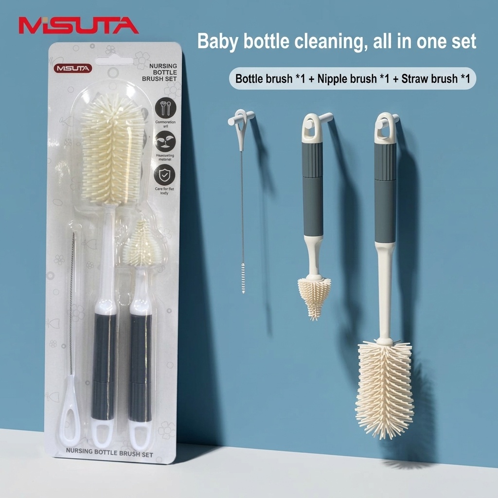 Set di 3 spazzolini in silicone per biberon MISUTA, pulitore antigraffio con spazzolino per tettarelle e spazzolino per cannucce, manico lungo.