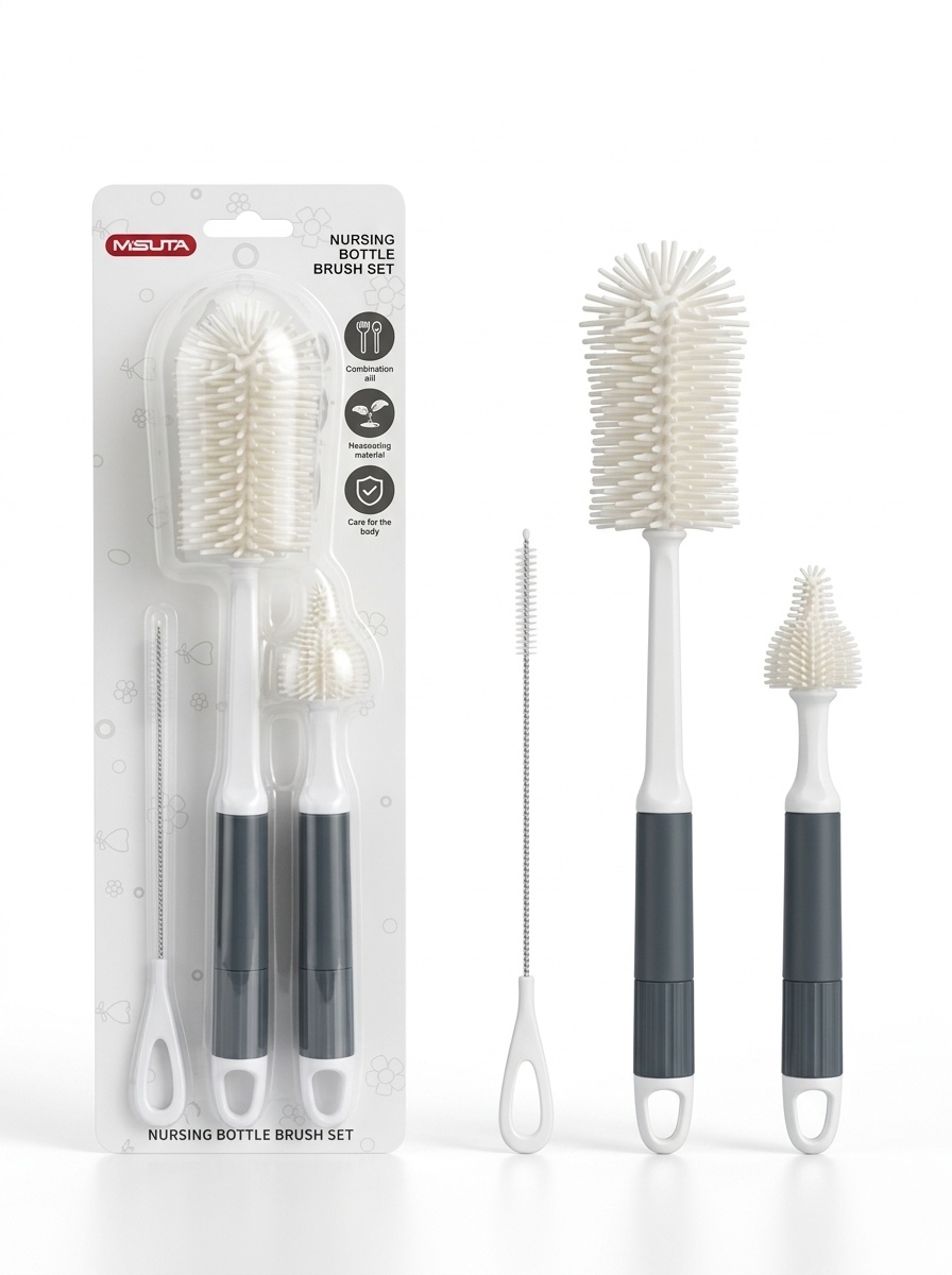 Set di 3 spazzolini in silicone per biberon MISUTA, pulitore antigraffio con spazzolino per tettarelle e spazzolino per cannucce, manico lungo.