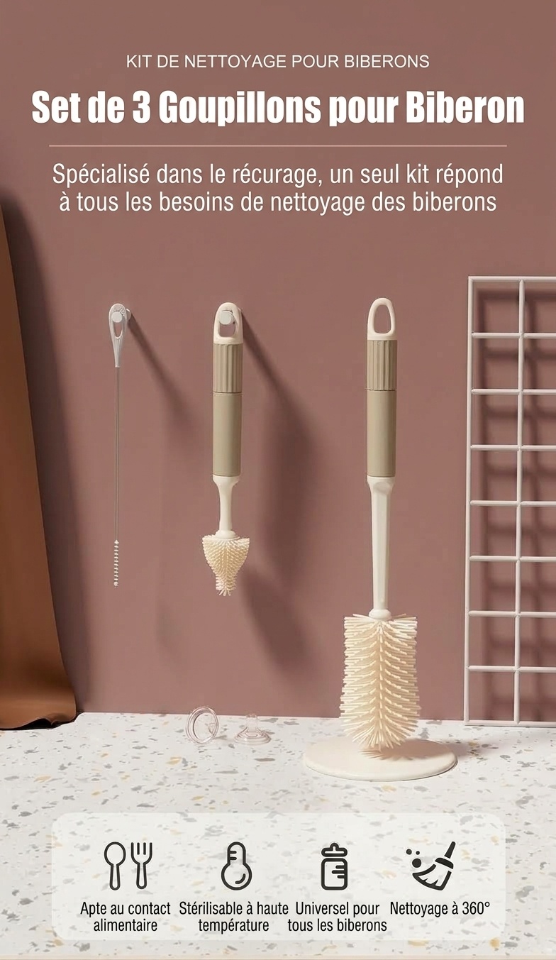 Ensemble de 3 goupillons en silicone MISUTA pour biberons, nettoyant anti-rayures avec goupillon pour tétine et goupillon pour paille, manche long