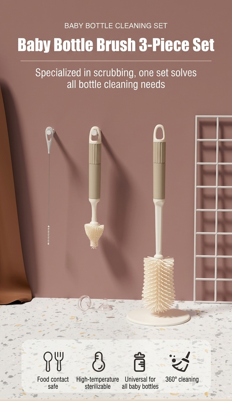 Set di 3 spazzolini in silicone per biberon MISUTA, pulitore antigraffio con spazzolino per tettarelle e spazzolino per cannucce, manico lungo.