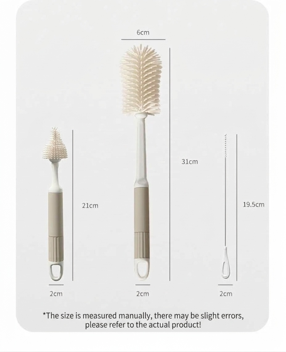 Set di 3 spazzolini in silicone per biberon MISUTA, pulitore antigraffio con spazzolino per tettarelle e spazzolino per cannucce, manico lungo.