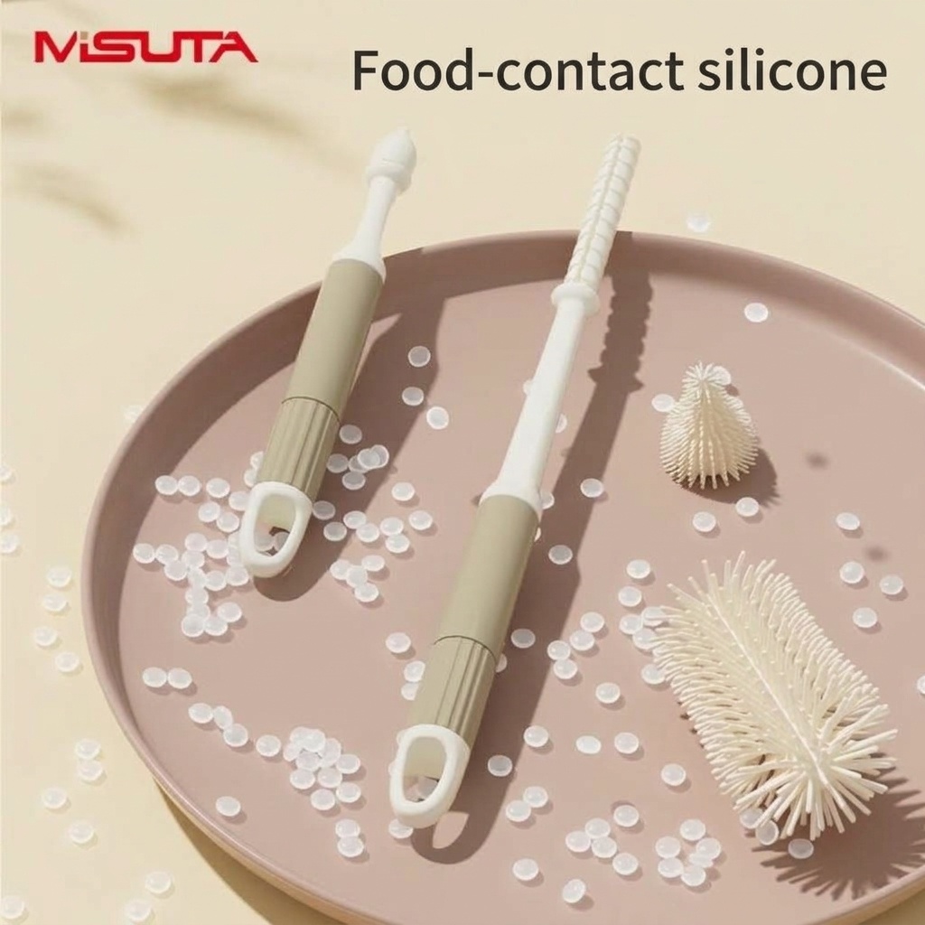 Set di 3 spazzolini in silicone per biberon MISUTA, pulitore antigraffio con spazzolino per tettarelle e spazzolino per cannucce, manico lungo.