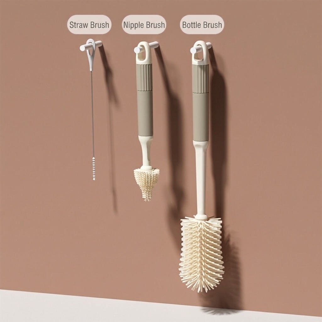 Set di 3 spazzolini in silicone per biberon MISUTA, pulitore antigraffio con spazzolino per tettarelle e spazzolino per cannucce, manico lungo.