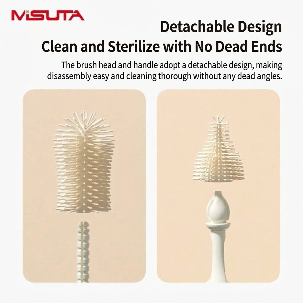 Set di 3 spazzolini in silicone per biberon MISUTA, pulitore antigraffio con spazzolino per tettarelle e spazzolino per cannucce, manico lungo.