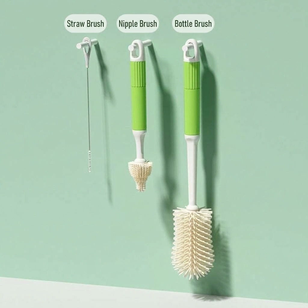 Set di 3 spazzolini in silicone per biberon MISUTA, pulitore antigraffio con spazzolino per tettarelle e spazzolino per cannucce, manico lungo.