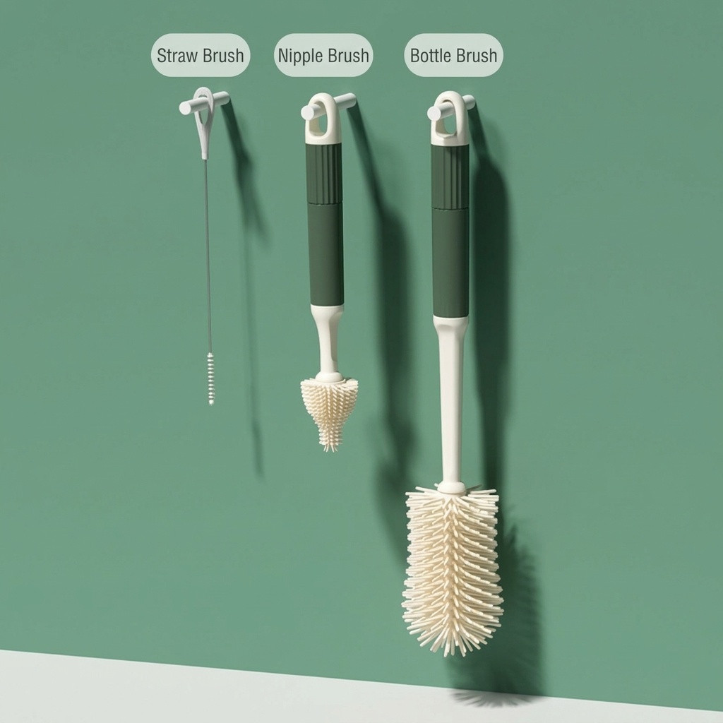 Set di 3 spazzolini in silicone per biberon MISUTA, pulitore antigraffio con spazzolino per tettarelle e spazzolino per cannucce, manico lungo.