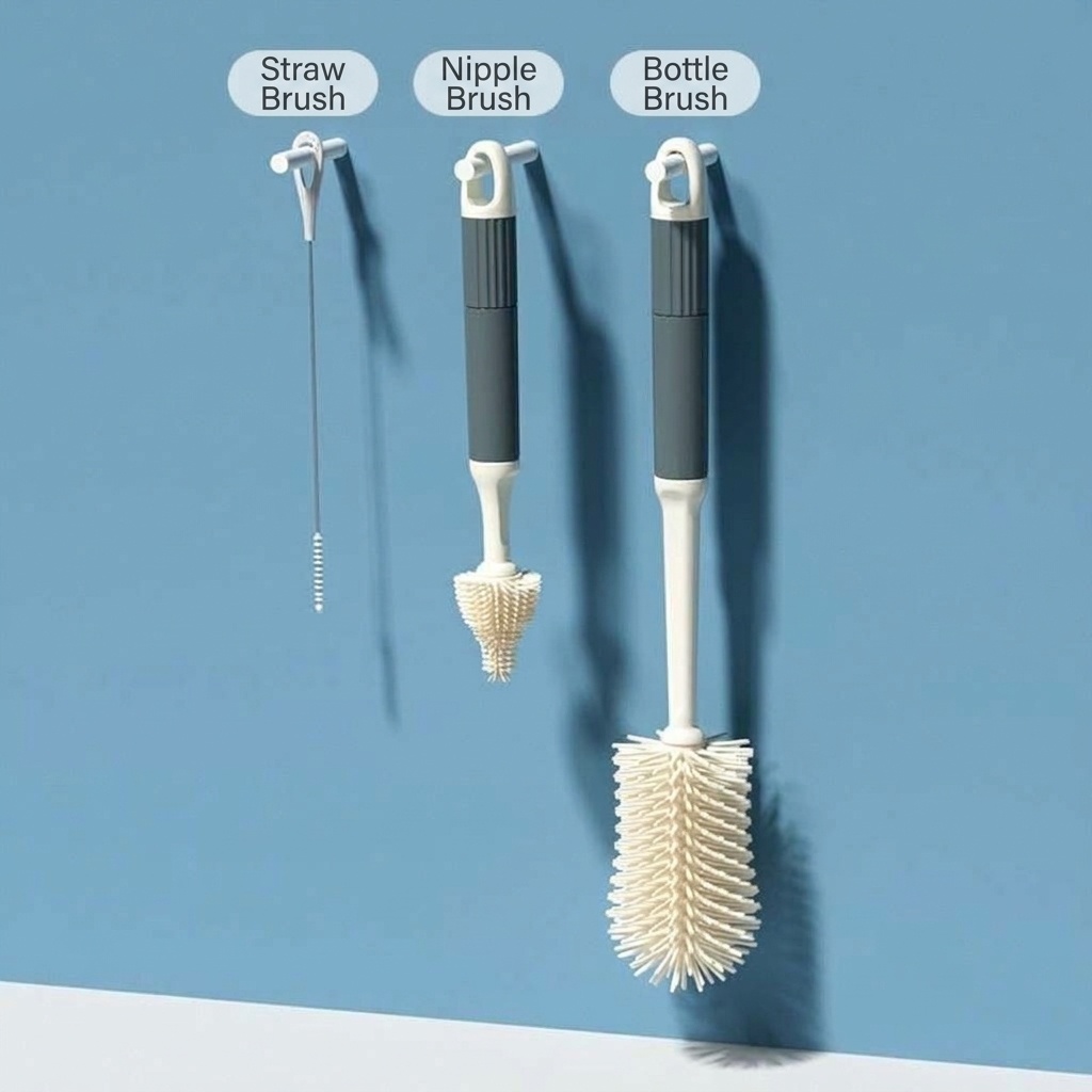 Set di 3 spazzolini in silicone per biberon MISUTA, pulitore antigraffio con spazzolino per tettarelle e spazzolino per cannucce, manico lungo.