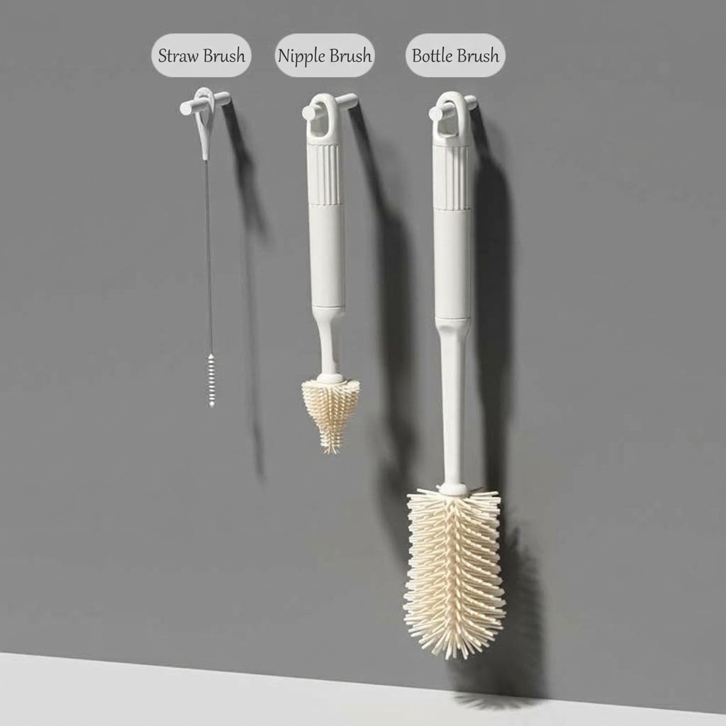 Set di 3 spazzolini in silicone per biberon MISUTA, pulitore antigraffio con spazzolino per tettarelle e spazzolino per cannucce, manico lungo.