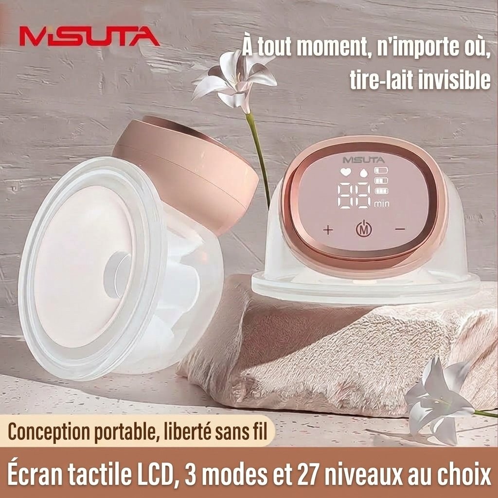 Tire-lait mains libres portable MISUTA, tire-lait électrique invisible à porter dans le soutien-gorge avec écran tactile LCD, 3 modes et 27 niveaux