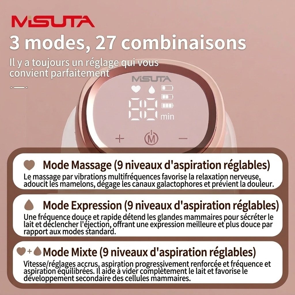 Tire-lait mains libres portable MISUTA, tire-lait électrique invisible à porter dans le soutien-gorge avec écran tactile LCD, 3 modes et 27 niveaux