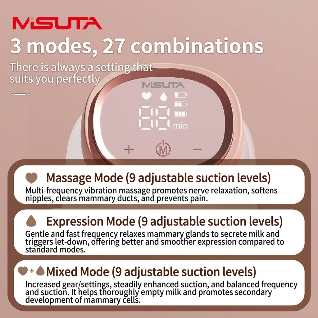 Tiralatte indossabile MISUTA, a mani libere, invisibile, elettrico, da inserire nel reggiseno, con display LCD touch, 3 modalità e 27 livelli.