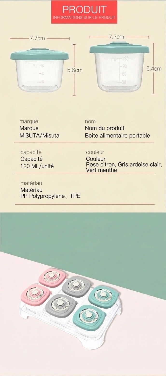 MISUTA Boîtes de conservation pour aliments pour bébés avec couvercles à minuterie, lot de 6 pots empilables, compatibles avec le congélateur et le micro-ondes