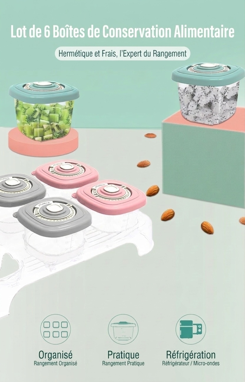 MISUTA Boîtes de conservation pour aliments pour bébés avec couvercles à minuterie, lot de 6 pots empilables, compatibles avec le congélateur et le micro-ondes
