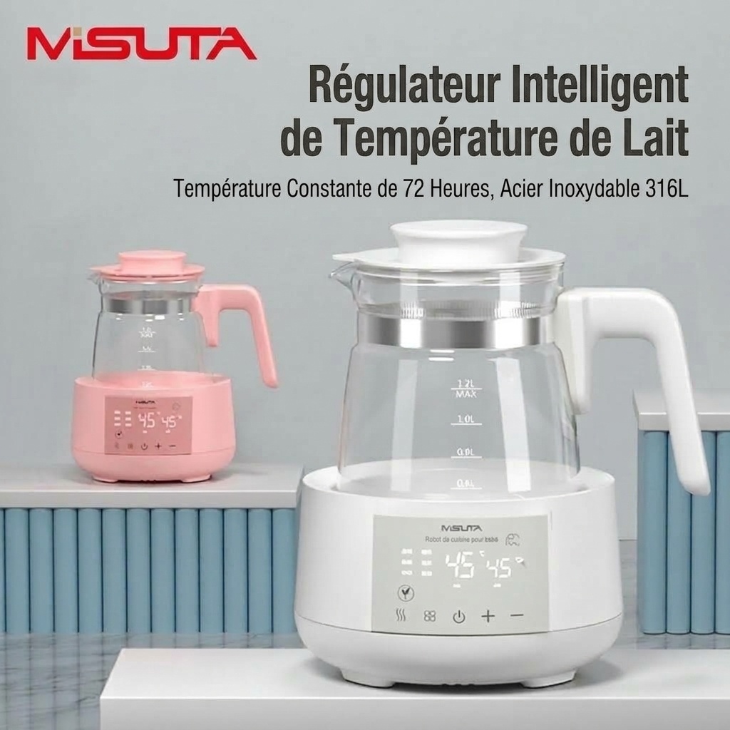 Bouilloire électrique et chauffe-lait infantile intelligent MISUTA 1,2 L, maintien au chaud 24 h/24, infuseur en acier inoxydable 316 L.