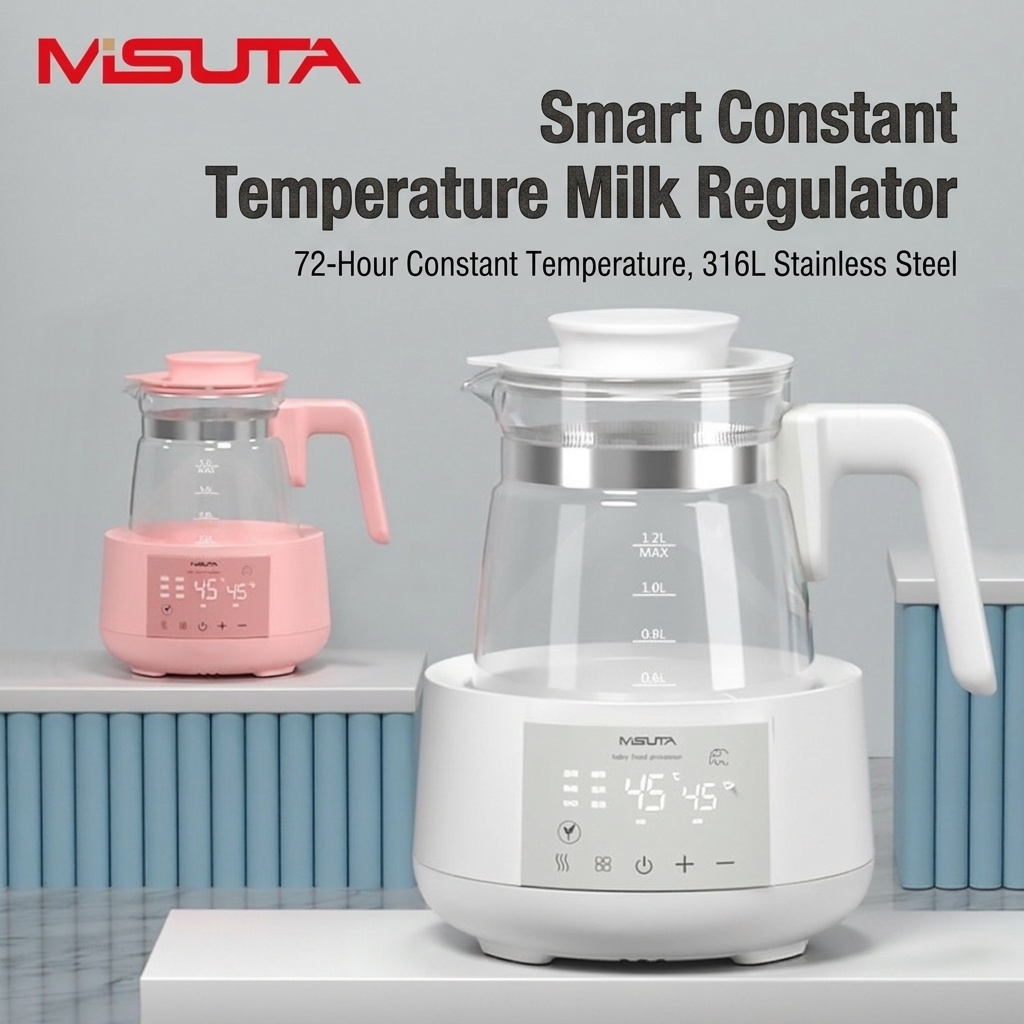 MISUTA Scaldalatte elettrico intelligente da 1,2 litri con funzione di bollitore, temperatura costante per 24 ore, in acciaio inox 316L.