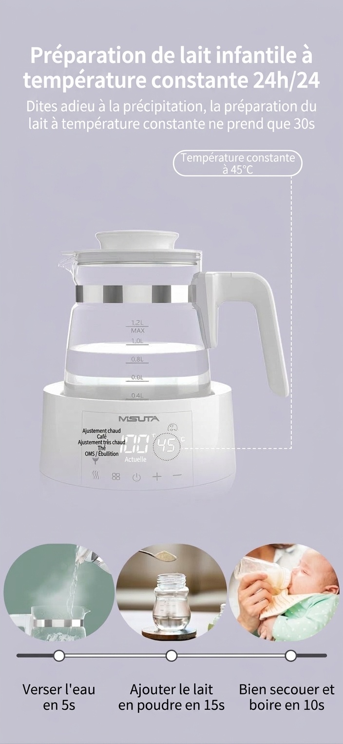 Bouilloire électrique et chauffe-lait infantile intelligent MISUTA 1,2 L, maintien au chaud 24 h/24, infuseur en acier inoxydable 316 L.