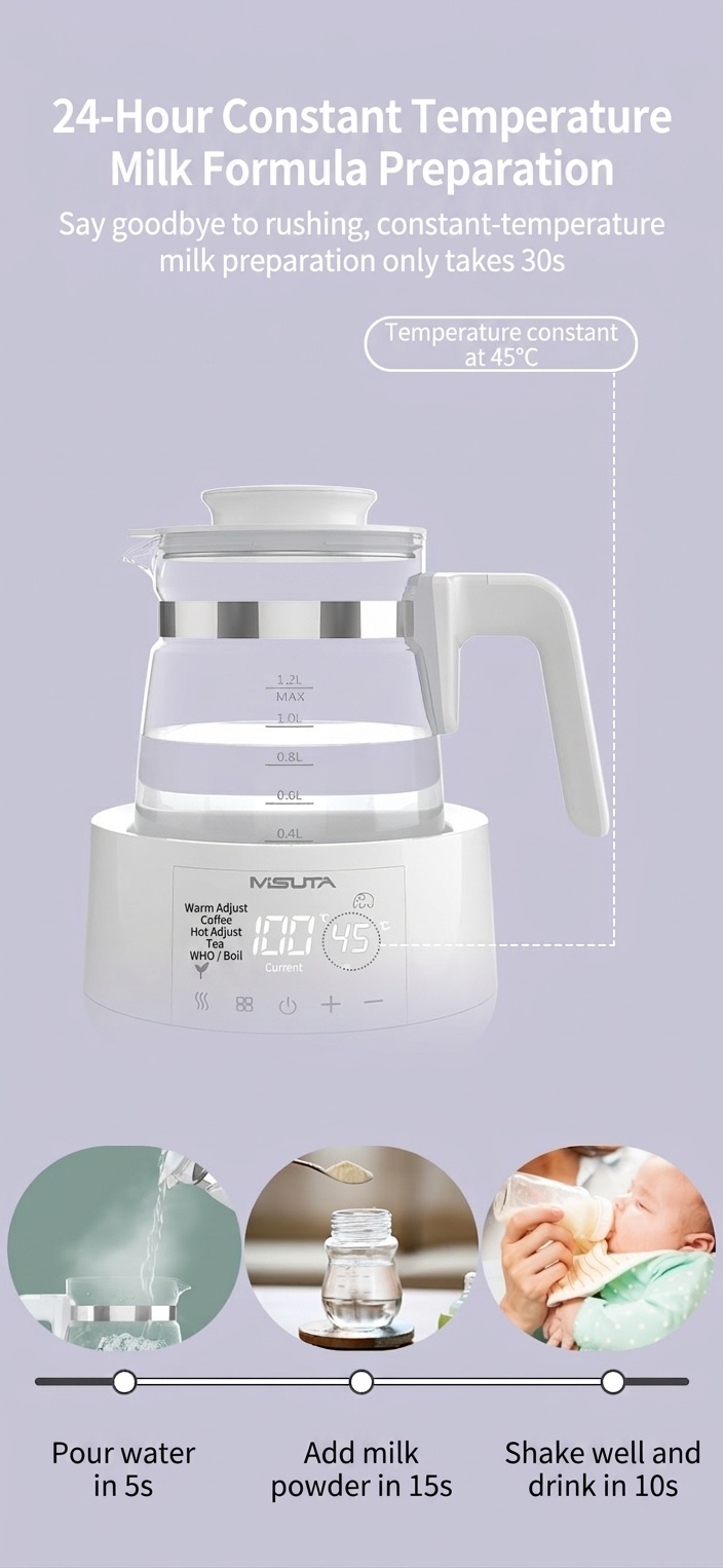 MISUTA Scaldalatte elettrico intelligente da 1,2 litri con funzione di bollitore, temperatura costante per 24 ore, in acciaio inox 316L.