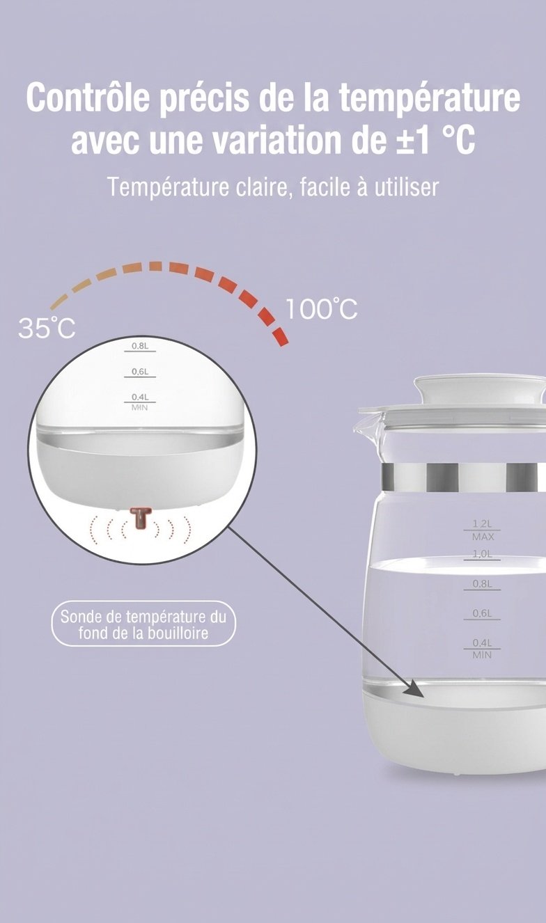 Bouilloire électrique et chauffe-lait infantile intelligent MISUTA 1,2 L, maintien au chaud 24 h/24, infuseur en acier inoxydable 316 L.