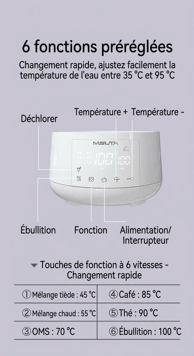 Bouilloire électrique et chauffe-lait infantile intelligent MISUTA 1,2 L, maintien au chaud 24 h/24, infuseur en acier inoxydable 316 L.