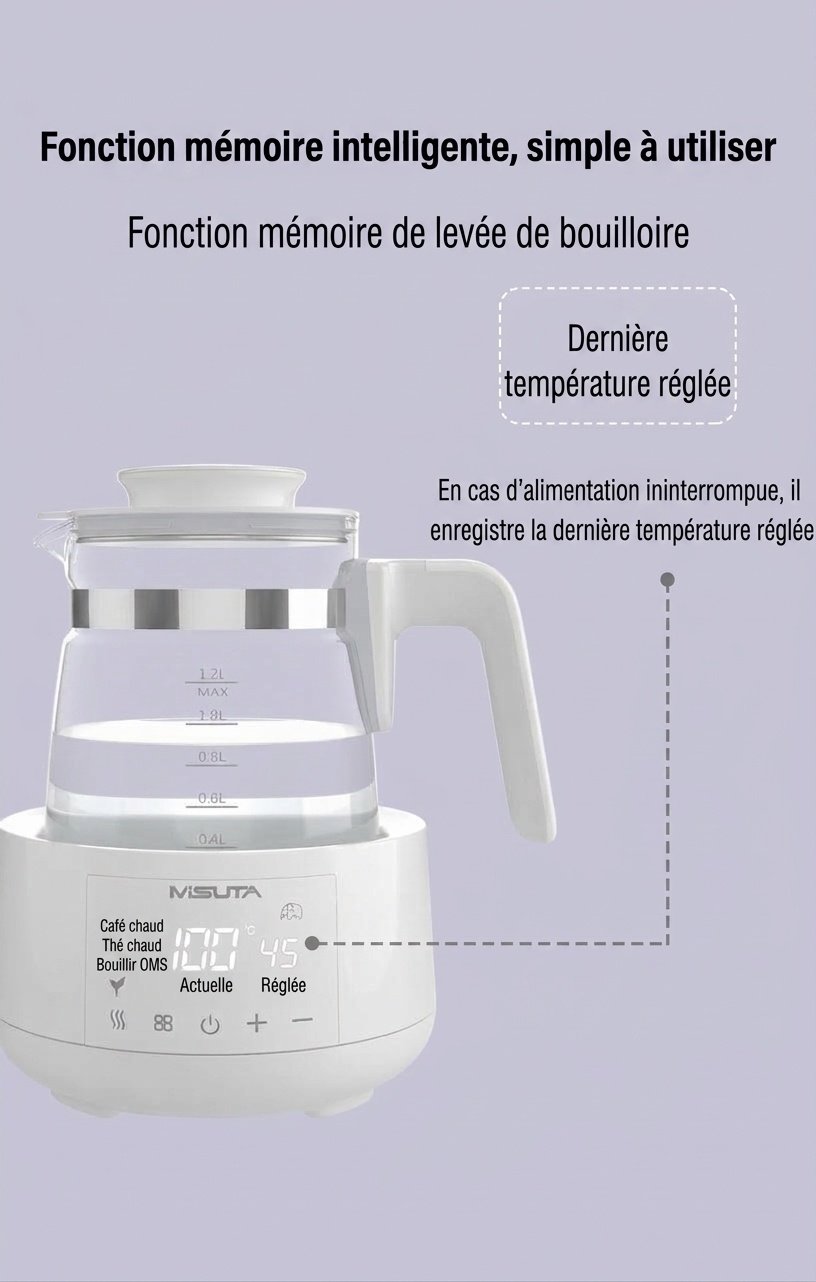 Bouilloire électrique et chauffe-lait infantile intelligent MISUTA 1,2 L, maintien au chaud 24 h/24, infuseur en acier inoxydable 316 L.