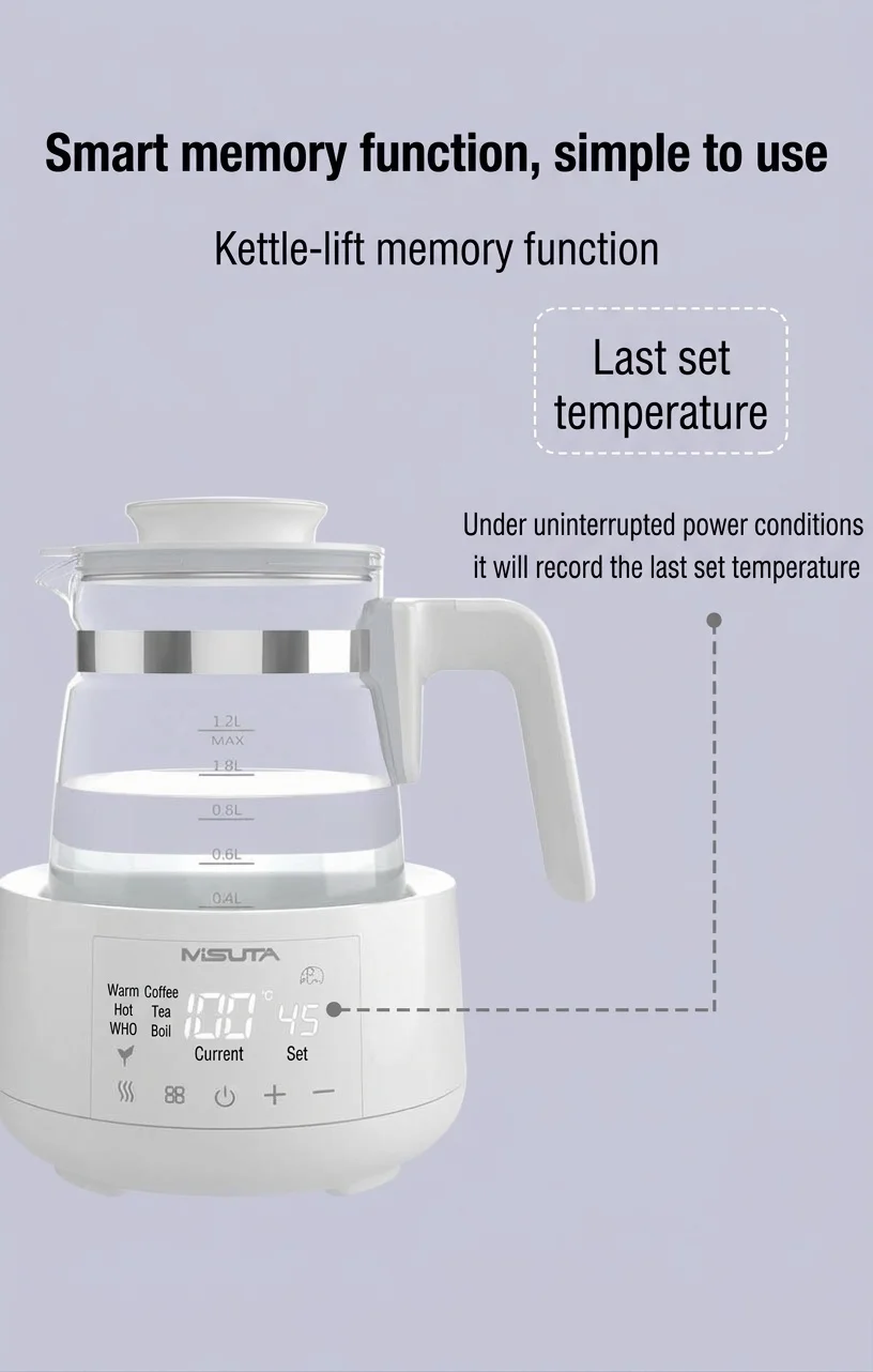 MISUTA Scaldalatte elettrico intelligente da 1,2 litri con funzione di bollitore, temperatura costante per 24 ore, in acciaio inox 316L.