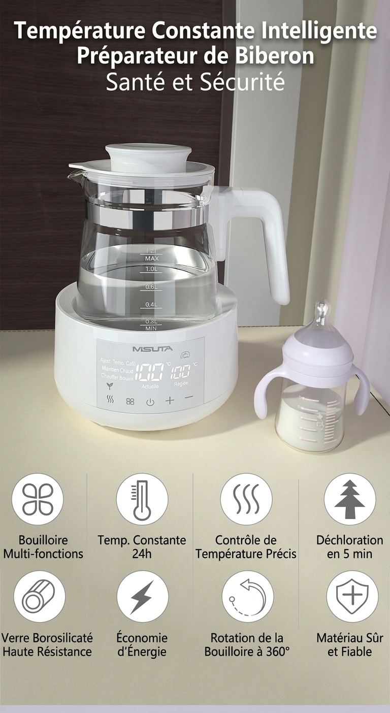 Bouilloire électrique et chauffe-lait infantile intelligent MISUTA 1,2 L, maintien au chaud 24 h/24, infuseur en acier inoxydable 316 L.