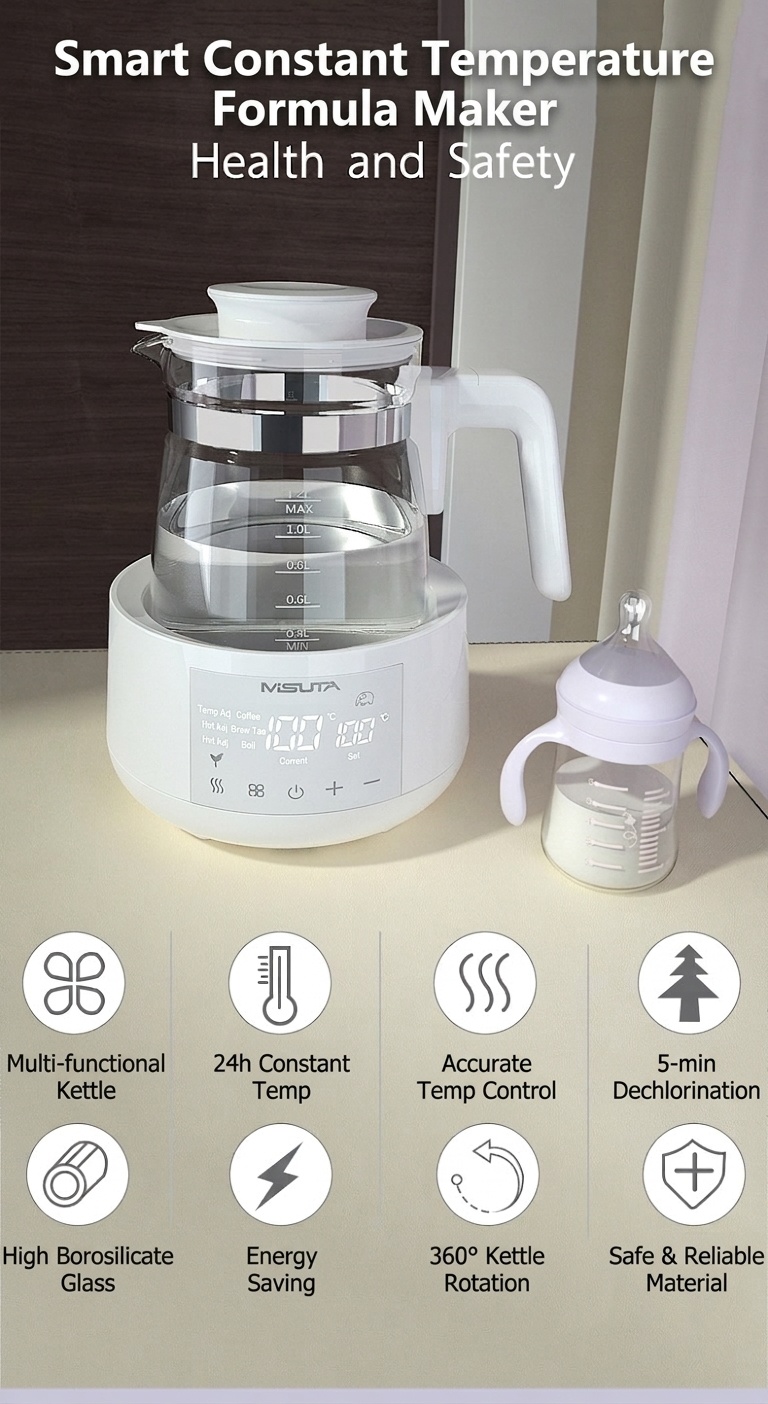 MISUTA Scaldalatte elettrico intelligente da 1,2 litri con funzione di bollitore, temperatura costante per 24 ore, in acciaio inox 316L.