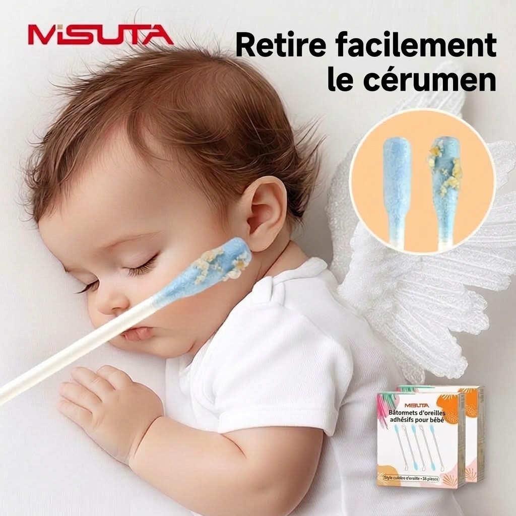 MISUTA Cotons-tiges adhésifs pour bébé, paquet de 50, emballés individuellement, à double extrémité, avec cuillère pour les soins des oreilles des nourrissons