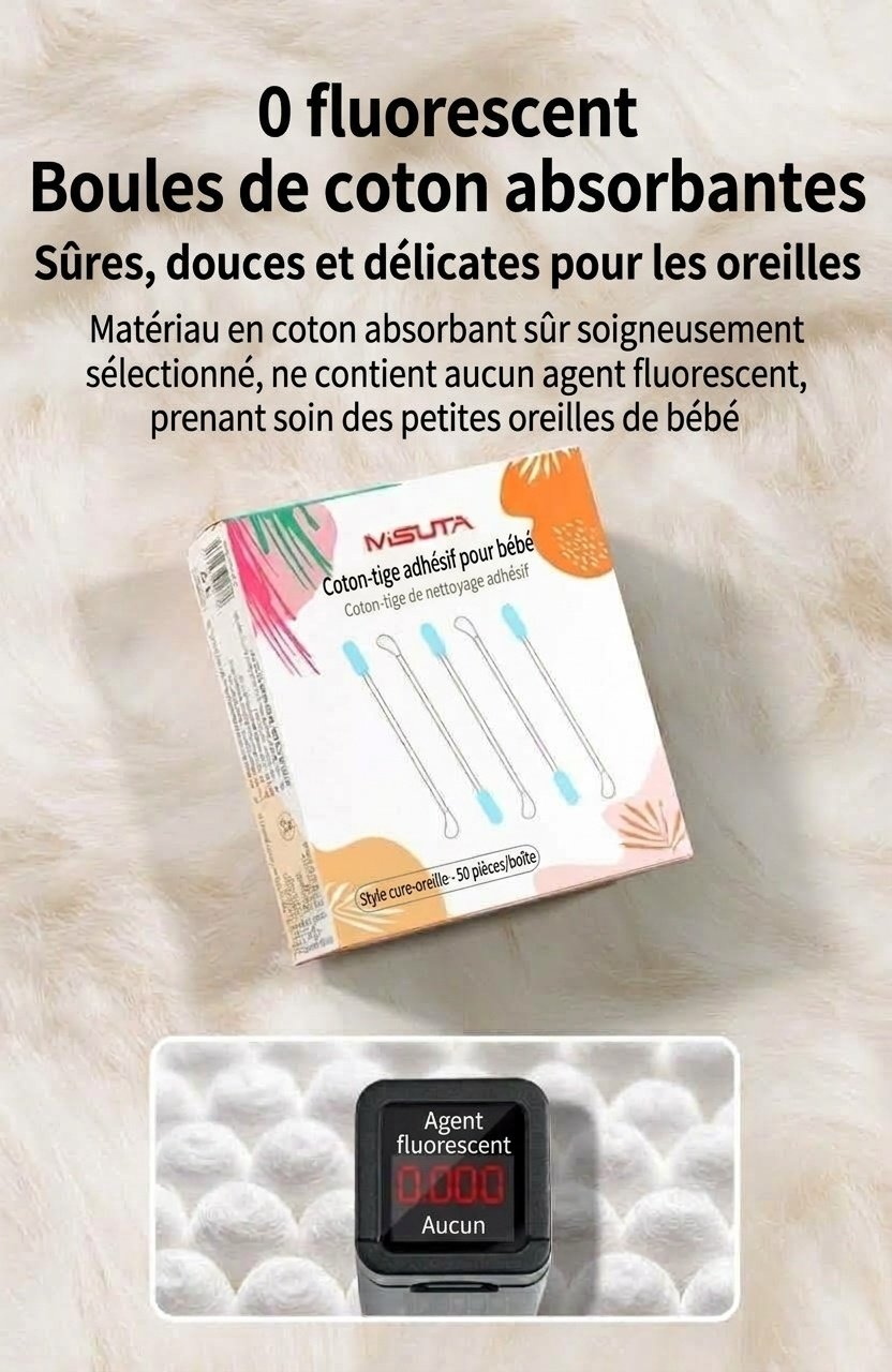 MISUTA Cotons-tiges adhésifs pour bébé, paquet de 50, emballés individuellement, à double extrémité, avec cuillère pour les soins des oreilles des nourrissons
