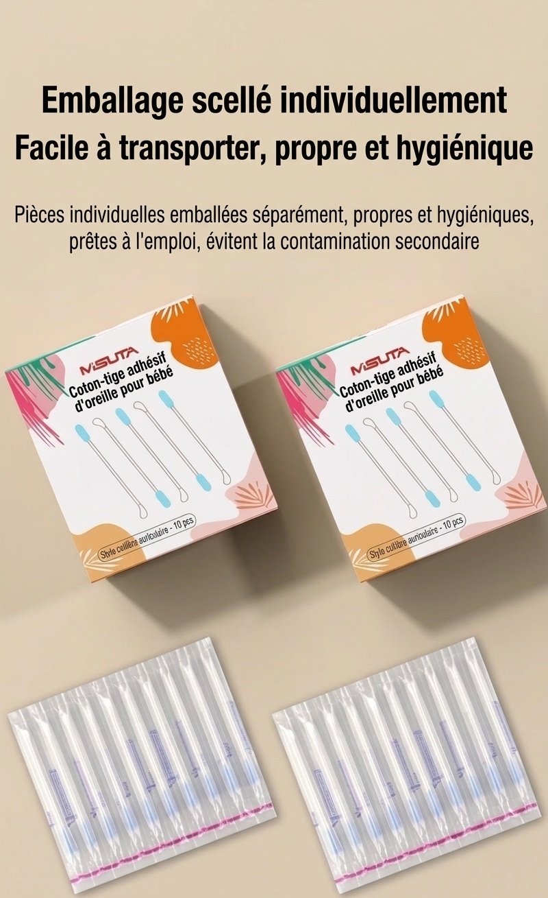 MISUTA Cotons-tiges adhésifs pour bébé, paquet de 50, emballés individuellement, à double extrémité, avec cuillère pour les soins des oreilles des nourrissons