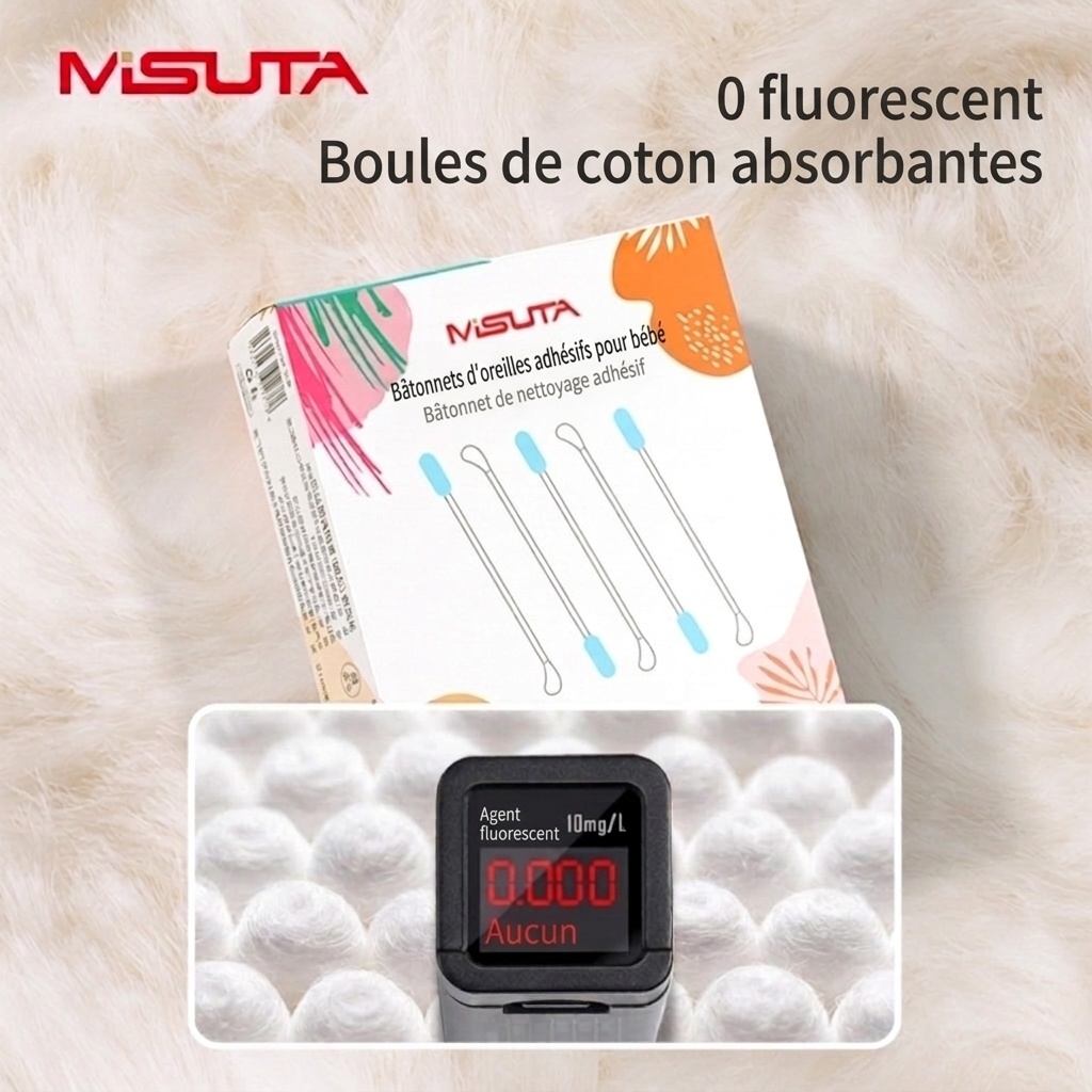 MISUTA Cotons-tiges adhésifs pour bébé, paquet de 50, emballés individuellement, à double extrémité, avec cuillère pour les soins des oreilles des nourrissons