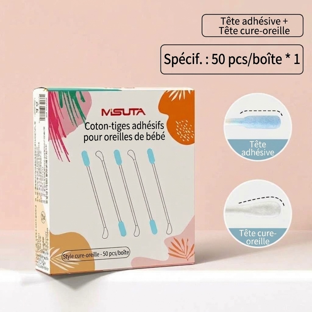 MISUTA Cotons-tiges adhésifs pour bébé, paquet de 50, emballés individuellement, à double extrémité, avec cuillère pour les soins des oreilles des nourrissons