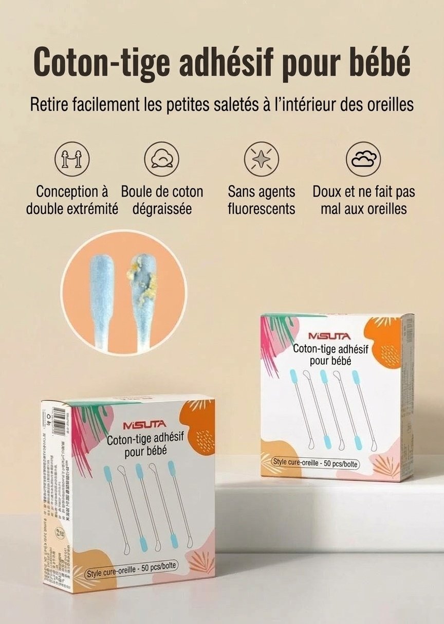 MISUTA Cotons-tiges adhésifs pour bébé, paquet de 50, emballés individuellement, à double extrémité, avec cuillère pour les soins des oreilles des nourrissons