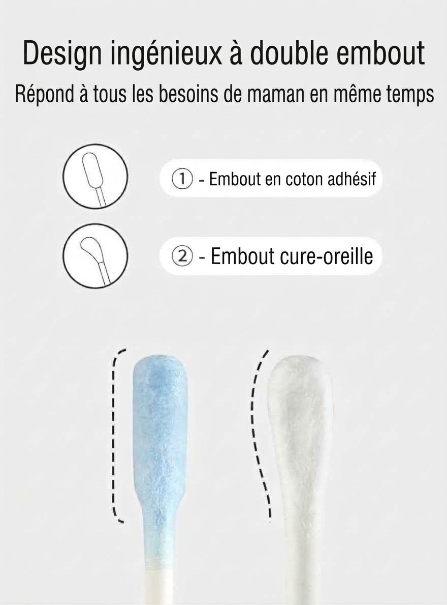 MISUTA Cotons-tiges adhésifs pour bébé, paquet de 50, emballés individuellement, à double extrémité, avec cuillère pour les soins des oreilles des nourrissons