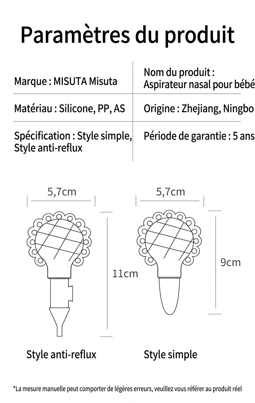 Aspirateur nasal manuel MISUTA pour bébé, en silicone souple sans BPA, avec valve anti-reflux pour nouveau-nés et jeunes enfants