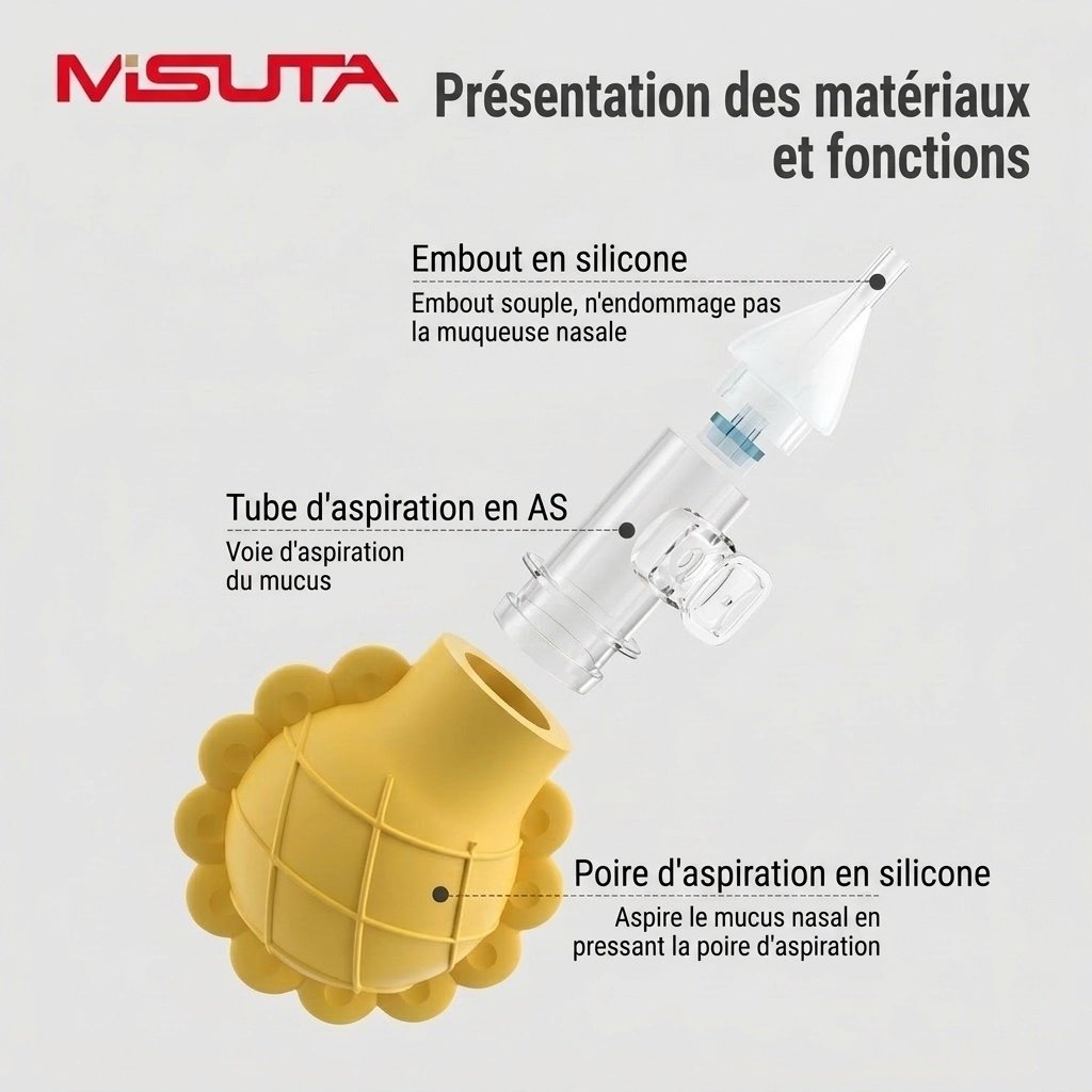 Aspirateur nasal manuel MISUTA pour bébé, en silicone souple sans BPA, avec valve anti-reflux pour nouveau-nés et jeunes enfants