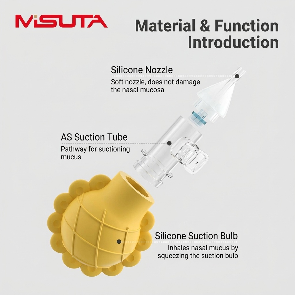 MISUTA Aspiratore nasale manuale per neonati, in morbido silicone senza BPA con valvola anti-riflusso, ideale per neonati e bambini piccoli.