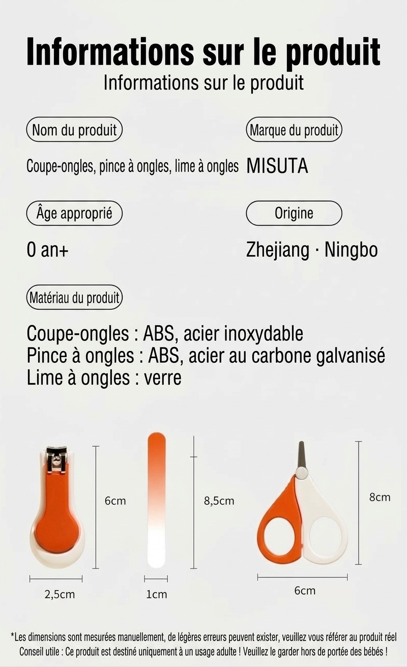 Kit de soin des ongles pour bébé MISUTA 3 pièces&nbsp;: coupe-ongles de sécurité pour nourrissons, ciseaux de sécurité à bouts ronds et lime fine
