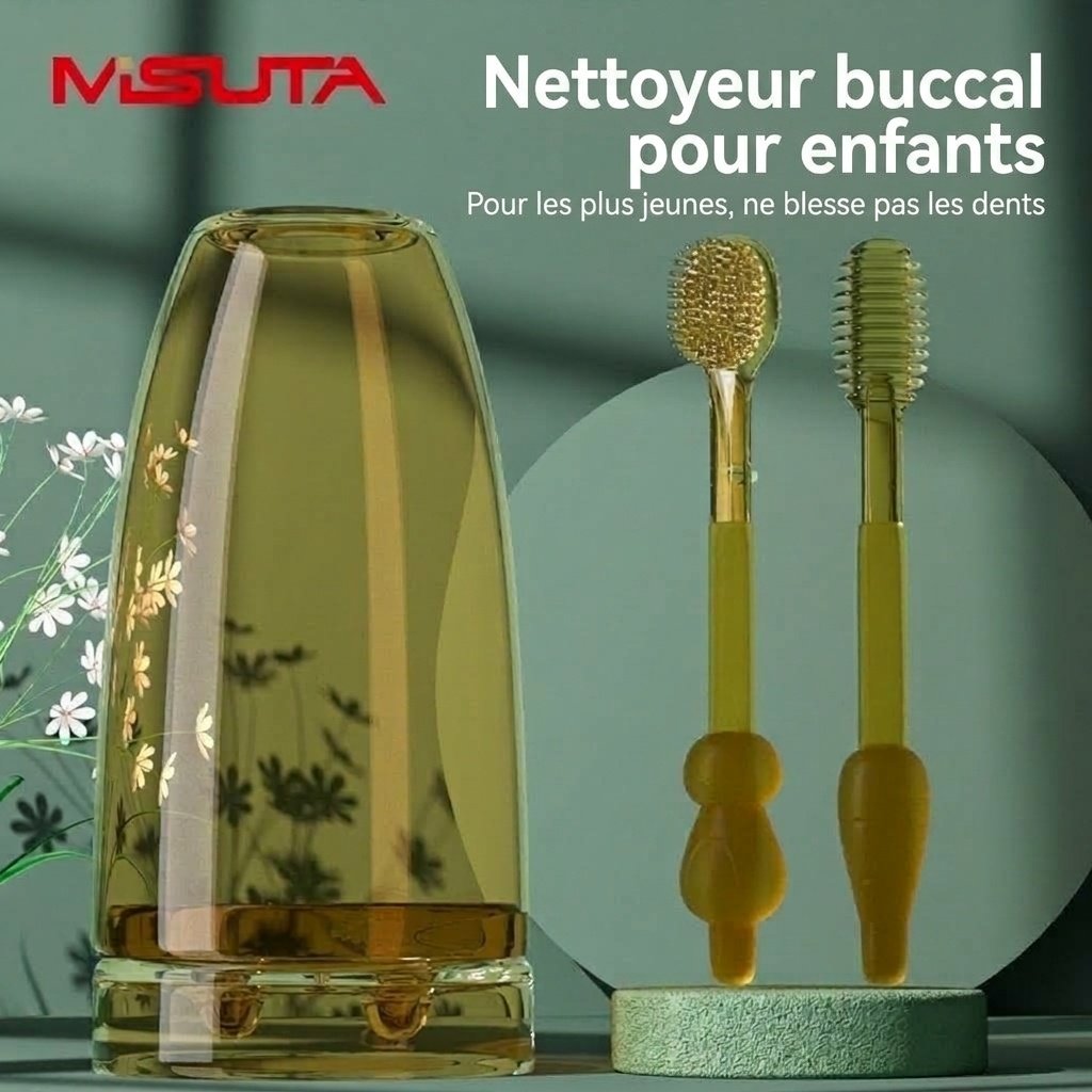 Ensemble de nettoyage buccal pour bébé MISUTA 2 pièces, gratte-langue en silicone souple et première brosse à dents avec gobelet anti-poussière (0-18 mois)