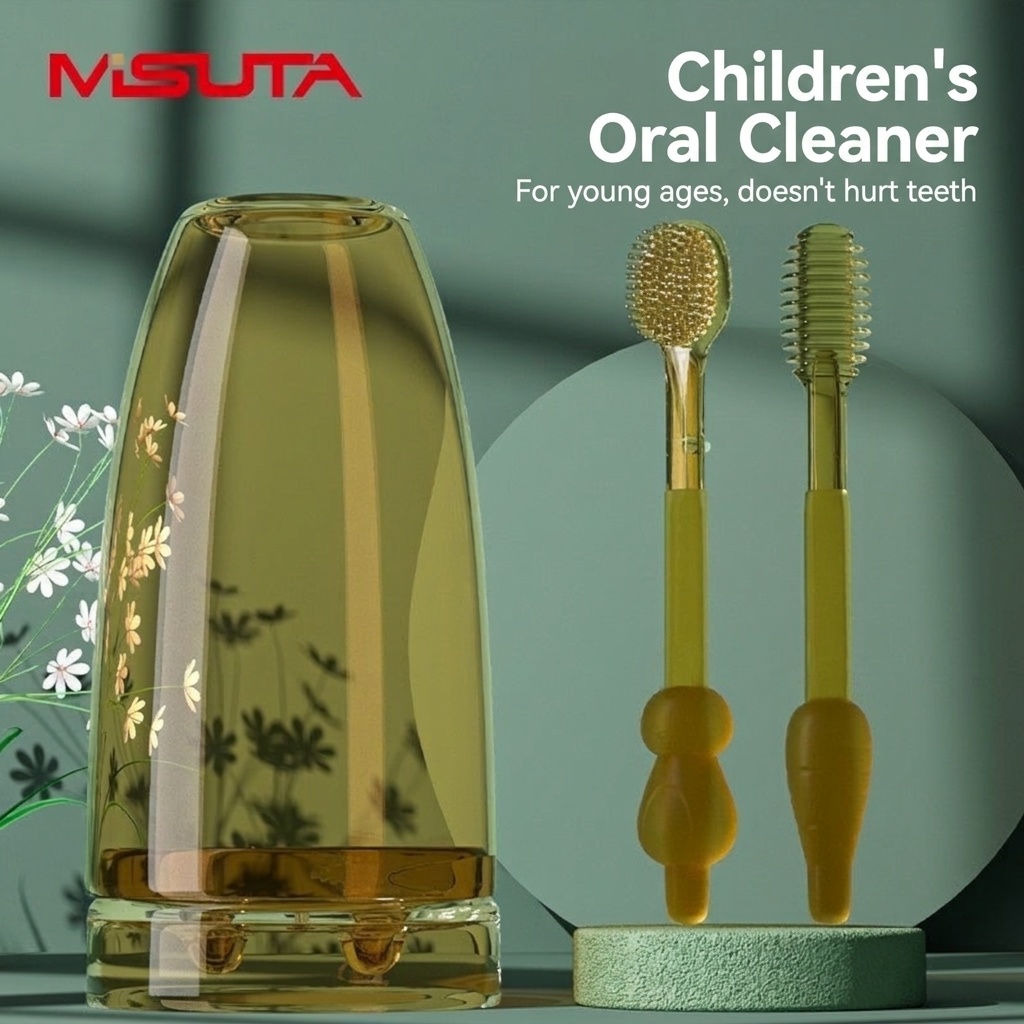 Set per l'igiene orale del bambino MISUTA, composto da 2 pezzi: raschietto per la lingua in morbido silicone e primo spazzolino da denti con bicchiere antipolvere (0-18 mesi)