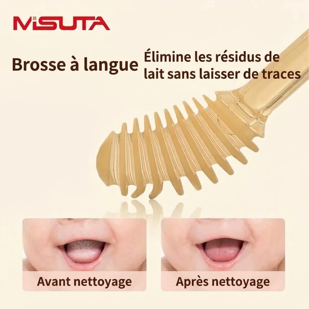 Ensemble de nettoyage buccal pour bébé MISUTA 2 pièces, gratte-langue en silicone souple et première brosse à dents avec gobelet anti-poussière (0-18 mois)
