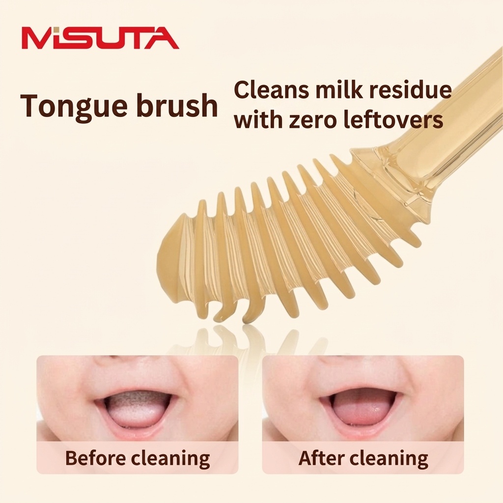 Set per l'igiene orale del bambino MISUTA, composto da 2 pezzi: raschietto per la lingua in morbido silicone e primo spazzolino da denti con bicchiere antipolvere (0-18 mesi)