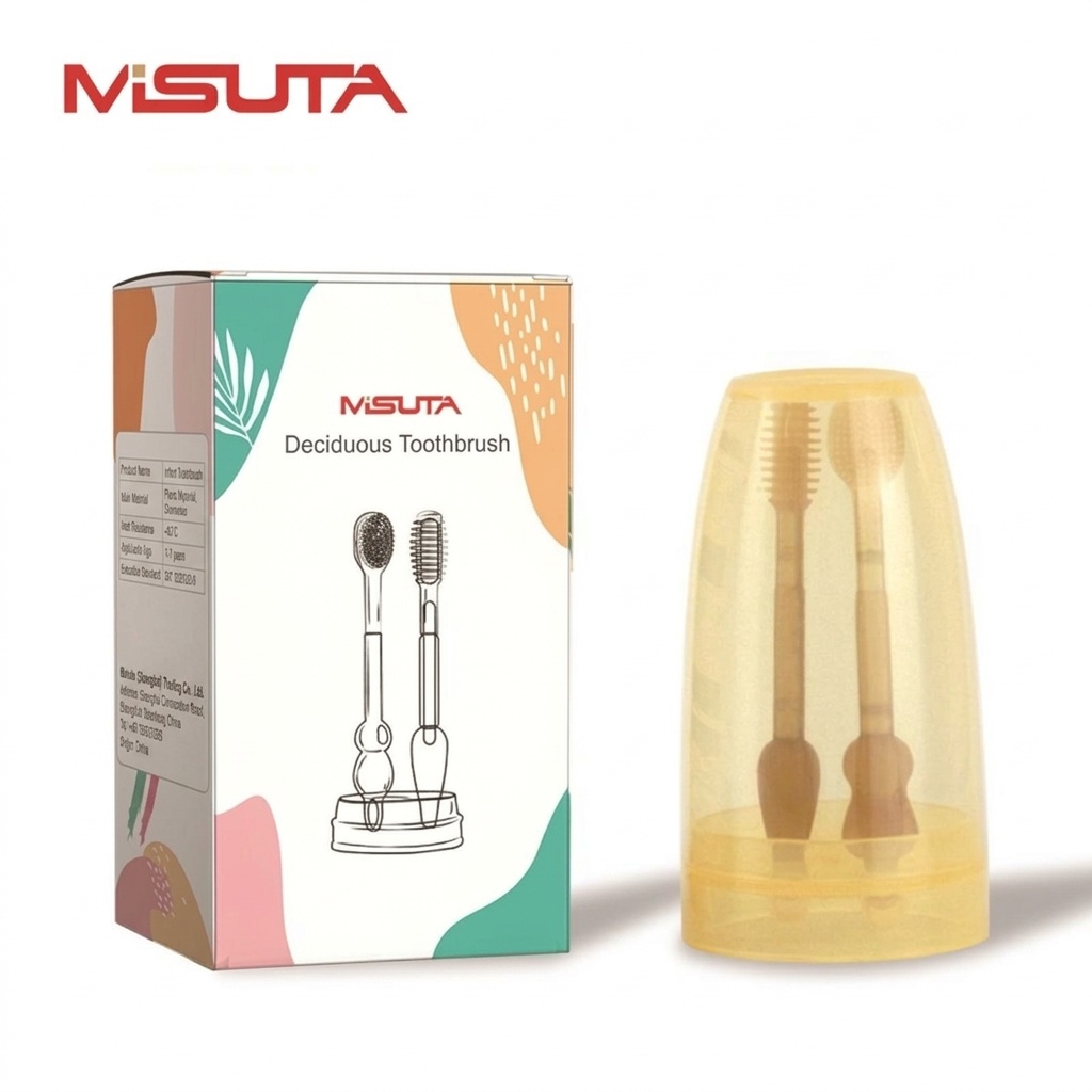 Set per l'igiene orale del bambino MISUTA, composto da 2 pezzi: raschietto per la lingua in morbido silicone e primo spazzolino da denti con bicchiere antipolvere (0-18 mesi)