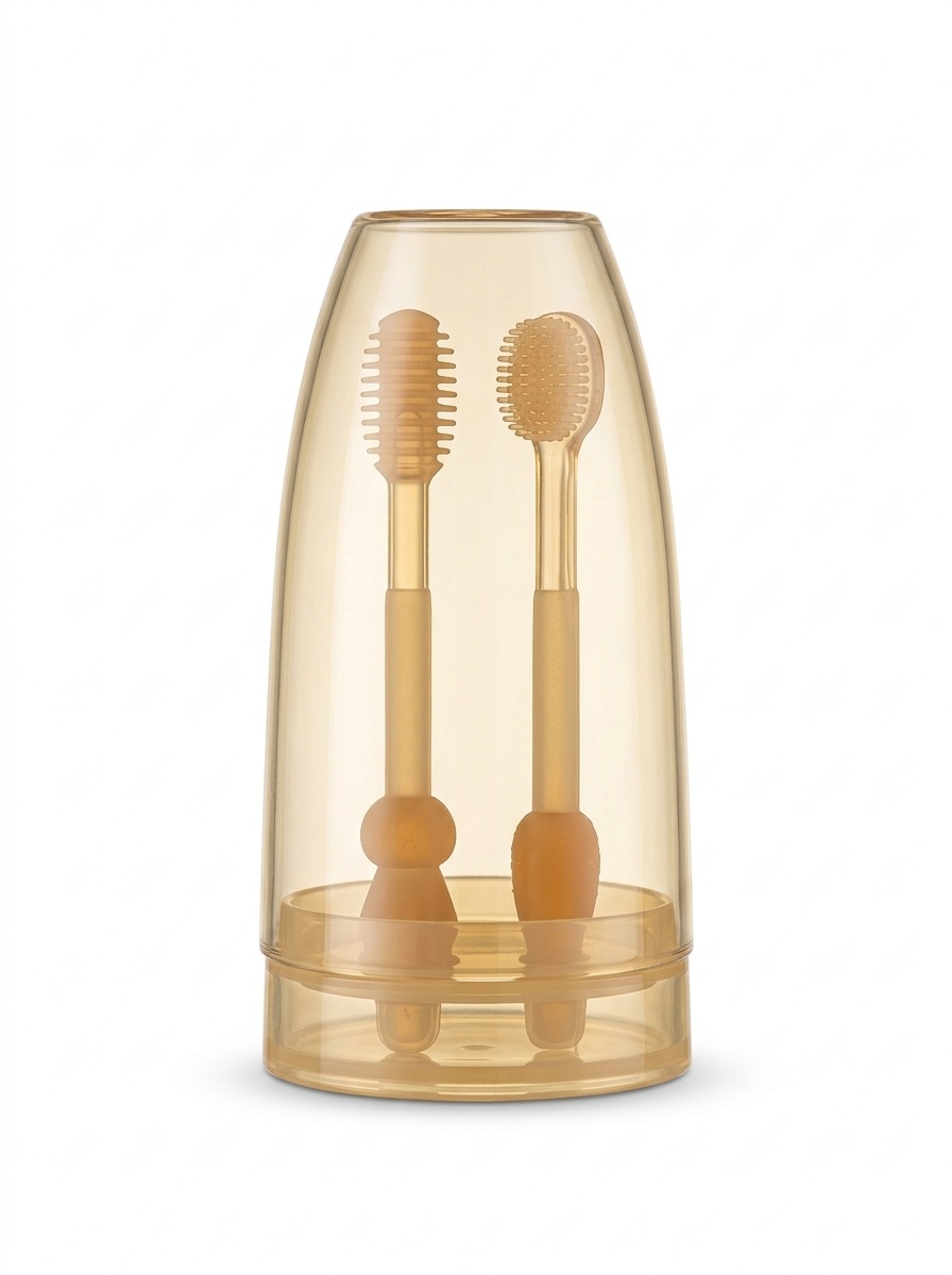 Set per l'igiene orale del bambino MISUTA, composto da 2 pezzi: raschietto per la lingua in morbido silicone e primo spazzolino da denti con bicchiere antipolvere (0-18 mesi)
