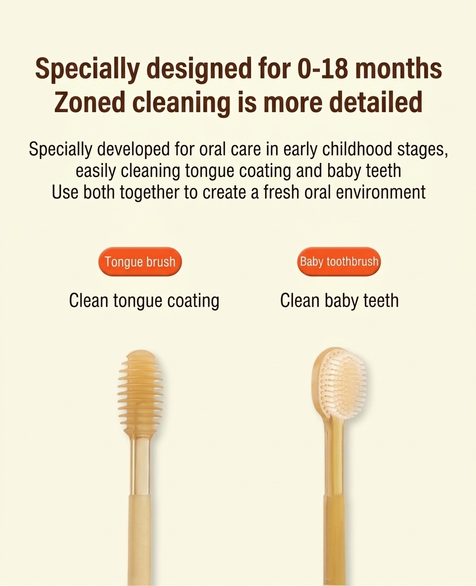 Set per l'igiene orale del bambino MISUTA, composto da 2 pezzi: raschietto per la lingua in morbido silicone e primo spazzolino da denti con bicchiere antipolvere (0-18 mesi)