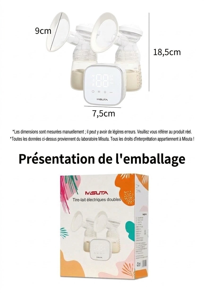 Tire-lait électrique double MISUTA, portable, avec 9 modes de stimulation et d'expression, en PP/PPSU sans BPA